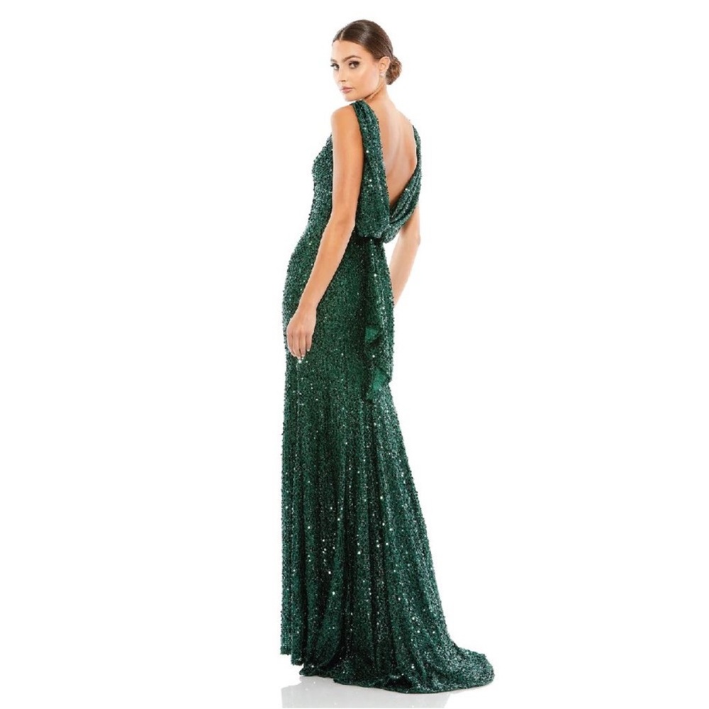 leena for Mac Duggal Cowl Back Boat Neck Sequined Evening Gown Emerald - Picture 3 of 7